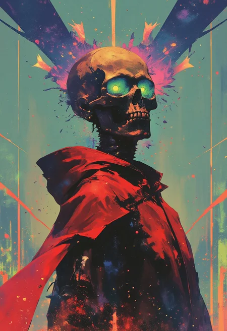 **(highly detailed digital artwork:1.3, surrealism:1.3, abstract expressionism:1.3) depicting a (human figure:1.3) with a (skull head:1.4), draped in a (flowing, tattered red robe:1.3) and (hooded crimson cloak:1.3).** The (skull:1.3) is (textured:1.3, weathered:1.3) with (glowing toxic green eye sockets:1.3), appearing (menacing:1.3, ethereal:1.3). The (robe and cloak:1.3) are (tattered:1.3, wind-swept:1.3), with (jagged, flame-like edges:1.3) that seem to (shift and distort:1.3) as if (burning in neon flames:1.3).
The (background:1.3) is a (chaotic swirl:1.3) of (radioactive blues:1.3, electric purples:1.3, and acid greens:1.3), creating a (psychedelic, otherworldly void:1.3). (Jagged neon cyan beams:1.3) radiate from behind the figure, casting (dramatic, high-contrast highlights:1.3) across the (skull’s surface:1.3) and (flowing fabric:1.3). The (cloak’s folds:1.3) catch the (neon light:1.3), giving it a (glowing, spectral quality:1.3).
The (composition:1.3) is (intense:1.3, striking:1.3), with the (figure's posture:1.3) exuding (power:1.3, ominous presence:1.3). The (style:1.3) is (hyper-stylized:1.3, exaggerated:1.3), with a (focus on bold, clashing colors:1.3) and (distorted visual elements:1.3). The (mood:1.3) is (haunting:1.3, apocalyptic:1.3), evoking (a surreal, nightmarish vision:1.3). The (artist’s signature:1.3) is (subtly integrated:1.3) into the (chaotic energy lines:1.3) running through the background.