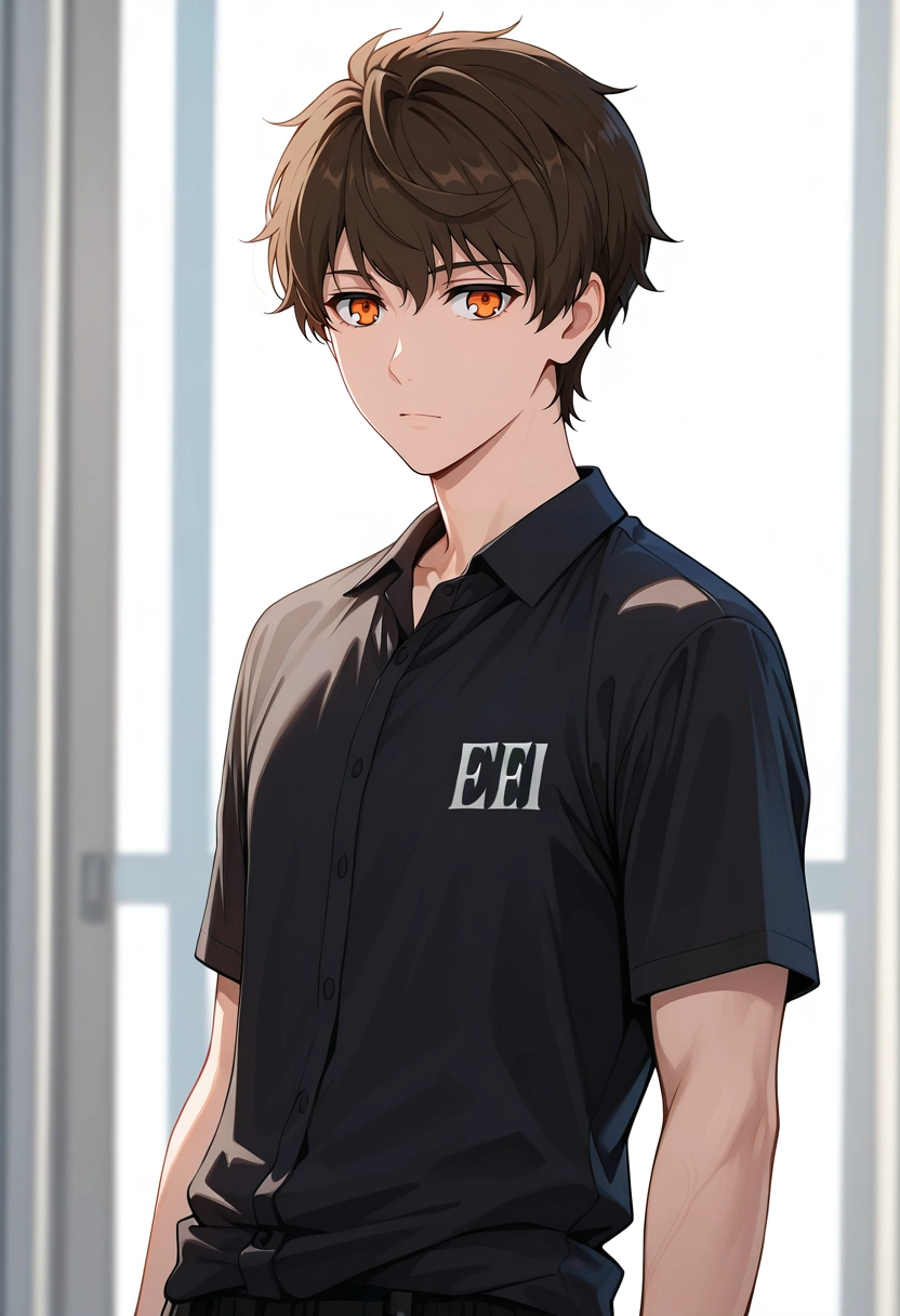 masterpiece, best quality, , semi-realistic,, 1boy, solo, male focus, <lora:twenty-fifth_bam_ilxl:0.98>, twenty-fifth_bam, brown hair, orange eyes, short hair, , ,