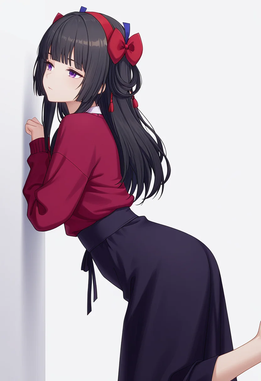 Smooth Quality,masterpiece,very intricate, high quality details, ultra realistic, high detailed skin,detailed enviorement,absurdres,
 <lora:Amatsu_Karla_CNR:0.8> amatsu_cnr, 1girl,black hair, long hair, purple eyes, blunt bangs, sidelocks,hair bow, hairband,, simple background, white background, from side,
leaning against wall, one foot up, arms crossed, looking away,,sleepy,, peacoat,  ,pullover,,high-waist skirt,  ,