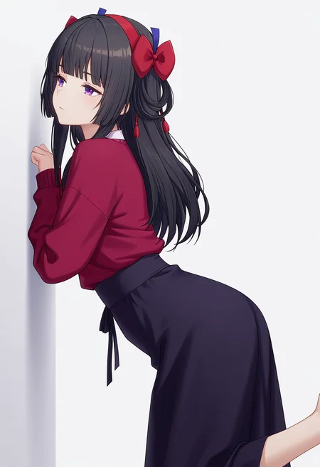 Smooth Quality,masterpiece,very intricate, high quality details, ultra realistic, high detailed skin,detailed enviorement,absurdres,
<lora:Amatsu_Karla_CNR:0.8> amatsu_cnr, 1girl,black hair, long hair, purple eyes, blunt bangs, sidelocks,hair bow, hairband,, simple background, white background, from side,
leaning against wall, one foot up, arms crossed, looking away,,sleepy,, peacoat, ,pullover,,high-waist skirt, ,