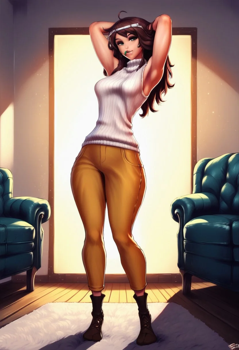 score_9, score_8_up, score_7_up, source_anime, (personal ami|cutesexyrobutts|aztodio), 1girl, solo, LeahAirisubaka, bandaid on cheek, long hair, medium breasts, <lora:LeahAirisubakaPDXL_V1-Manityro-adamw:1>, living room, sunlight, toned, smile, parted lips, blush, looking at viewer, white sweater, turtleneck sweater, sleeveless, bare arms, colorful pants, couch, hands behind the head, full body, brown socks, ink splats.