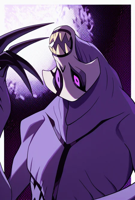 <lora:zskayr-10:1> zskayr, no humans, solo, monster, teeth, black claws, pokemon (creature), single purple eye, , purple skin, sharp teeth, , black sclera, upside down head,, upper body, halftone effect, white borders, abstract background:1.2,, masterpiece, best quality, amazing quality, very aesthetic, absurdres, newest,