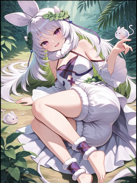 traptrix cularia, 1girl, solo, barefoot, smile, looking at viewer, open mouth, leaf hair ornament, plant, on side, leaf, plant girl, white fur collar, white sleeveless dress, white detached sleeves, white bloomers, purple ankle cuffs, white creature, creature on hand, black border, full body, nature,
masterpiece,best quality,amazing quality,very aesthetic,absurdres,newest,<lora:Traptrix Cularia illuXL v1:0.7>,