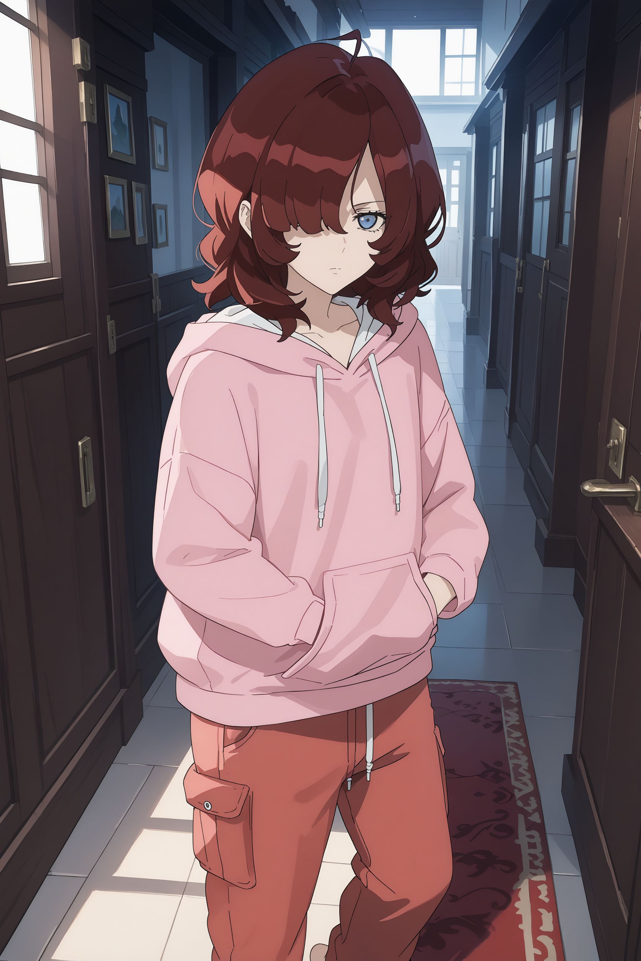 score_max, (score_9, score_8_up, score_7_up:1.2), score_6_up, official art, source_anime, anime screencap,
, masterpiece, absurdres, high detail, 8k,
black background, nigh, western house, hallway, red carpet,
standing, expressionless, looking at viewer,
xxxx, ami, hair over one eye, pink hoodie, hood down, sleeves_past_fingers, drawstring, cargo pants, red pants, barefoot
<lora:XL_Pony_anime-lupin5-ami-t2:1.3>