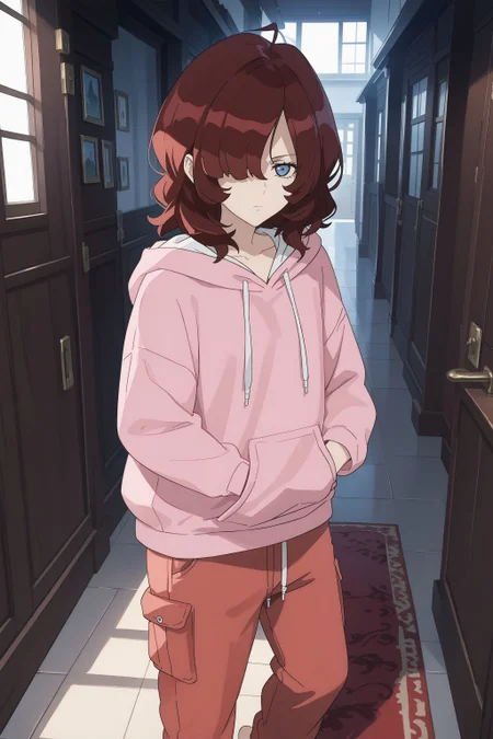 score_max, (score_9, score_8_up, score_7_up:1.2), score_6_up, official art, source_anime, anime screencap,
, masterpiece, absurdres, high detail, 8k,
black background, nigh, western house, hallway, red carpet,
standing, expressionless, looking at viewer,
xxxx, ami, hair over one eye, pink hoodie, hood down, sleeves_past_fingers, drawstring, cargo pants, red pants, barefoot
<lora:XL_Pony_anime-lupin5-ami-t2:1.3>
