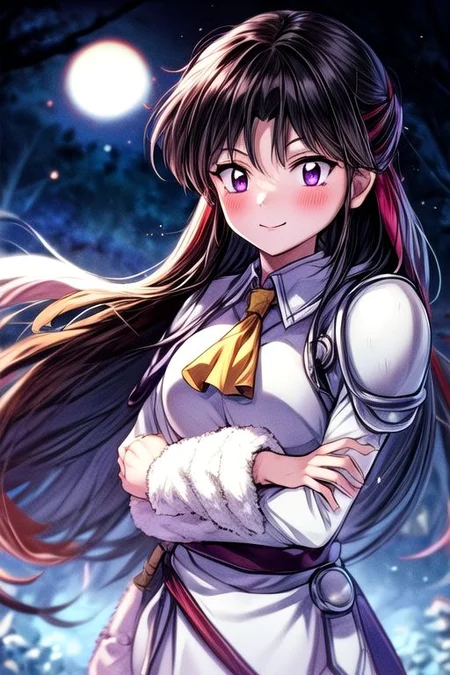 masterpiece, best quality 1girl Setsun4 solo long hair, (night time) forest background black hair very long hair purple eyes multicolored hair armor (fur trim) (medium body),<lora:EMS-179-EMS:0.800000>,<lora:EMS-293862-EMS:0.800000> bow, hair_bow, hair_tubes, red_bow, brown_hair, long_hair, bangs, ascot, frilled_bow, yellow_ascot, blush, smile, hair_between_eyes, athletic, armor