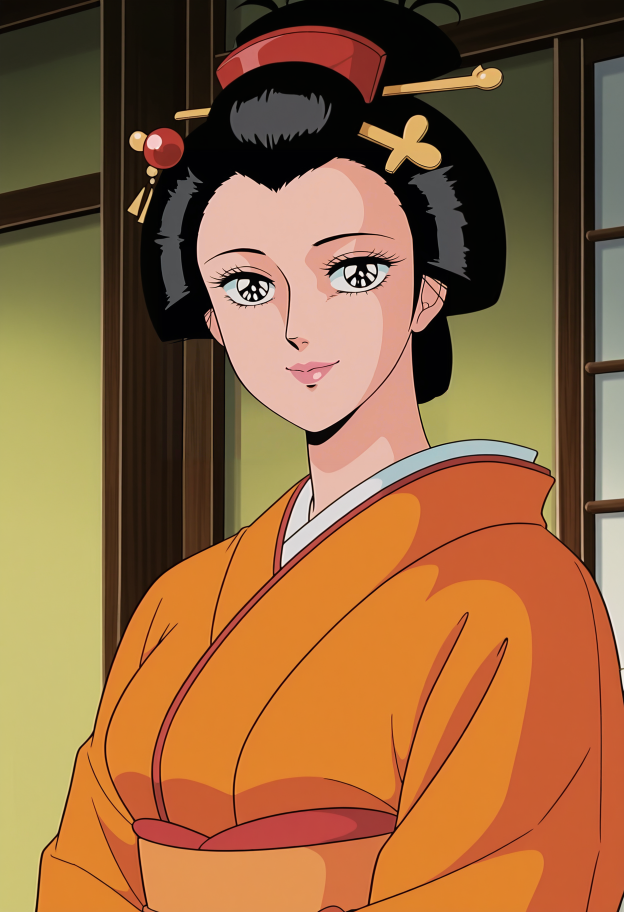 1girl,solo,mm,mature female,black hair,hair ornament,lips,anime coloring,retro artstyle,
orange kimono,japanese clothes, upper body, looking at viewer, smile,indoors
,masterpiece,best quality,amazing quality,<lora:Manchiyo-Yaruki_Manman:0.8>