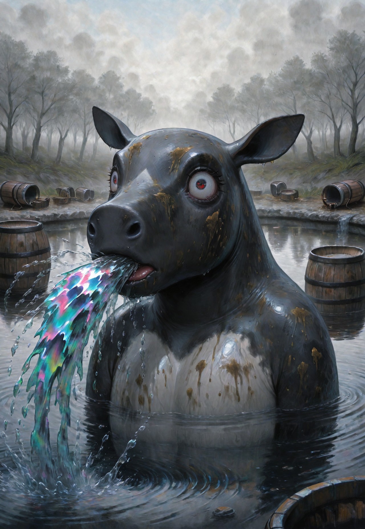 (solo), lukch, painting_\(medium\), portrait, no humans, tapir, pond, partially submerged, reflection, iridescent water, barrel, metal barrel, oil, spitting, wide-eyed, scared, splashing, spitting, dirty, fog,
traditional media, best quality, absurdres, [dynamic pose]