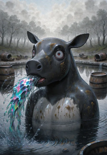(solo), lukch, painting_\(medium\), portrait, no humans, tapir, pond, partially submerged, reflection, iridescent water, barrel, metal barrel, oil, spitting, wide-eyed, scared, splashing, spitting, dirty, fog,
traditional media, best quality, absurdres, [dynamic pose]