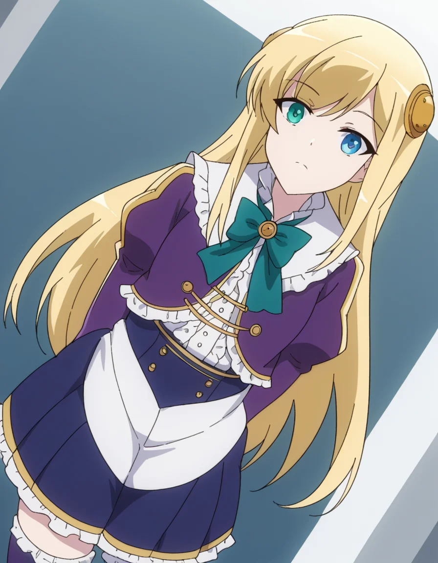 score_9, score_8_up, score_7_up, source_anime, <lora:yumina-belfast-urnea-s2-ponyxl-lora-nochekaiser:1>, yumina belfast urnea, long hair, blue eyes, blonde hair, hair ornament, green eyes,, skirt, thighhighs, purple sleeves, frills, white skirt, skirt, blue skirt, frilled skirt, bowtie, green bowtie, frilled center, music store, browsing records, headphones, vinyl collection, nostalgic, , hands behind back, bent over,, looking at viewer, solo,, dutch angle, cowboy shot