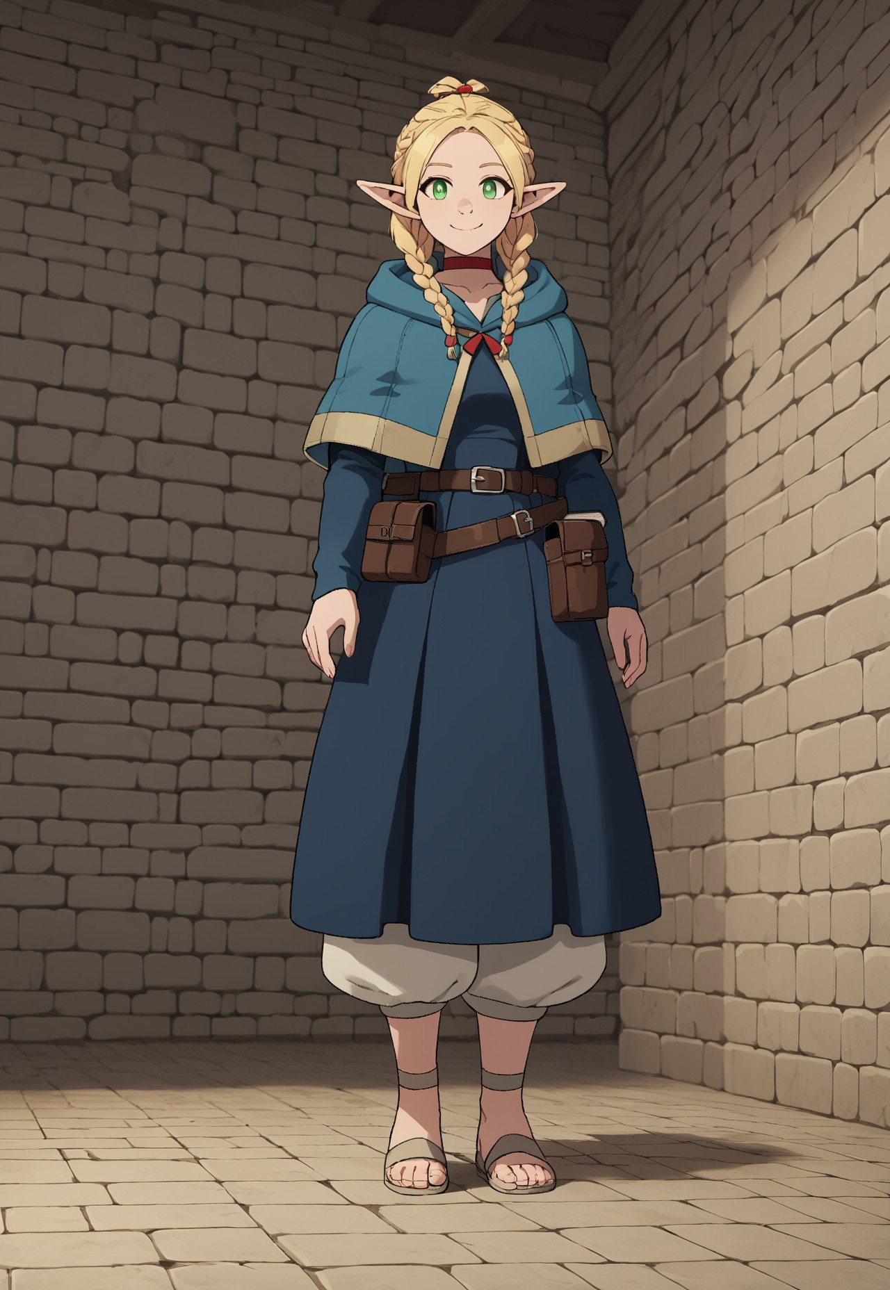 score_9, score_8_up, score_7_up, masterpiece, best quality, amazing quality, very aesthetic, absurdres, Dunmeshi_Marcille, 1girl, solo, female focus, pointy ears, blonde hair, green eyes, HairTwinbraids, red choker, blue hooded capelet, hood down, blue dress, furisode sleeves, brown belt, belt pouch, book holster, beige pants, beige sandals, full body,smile, looking at viewer, dungeon, dark,perspective, dynamic pose