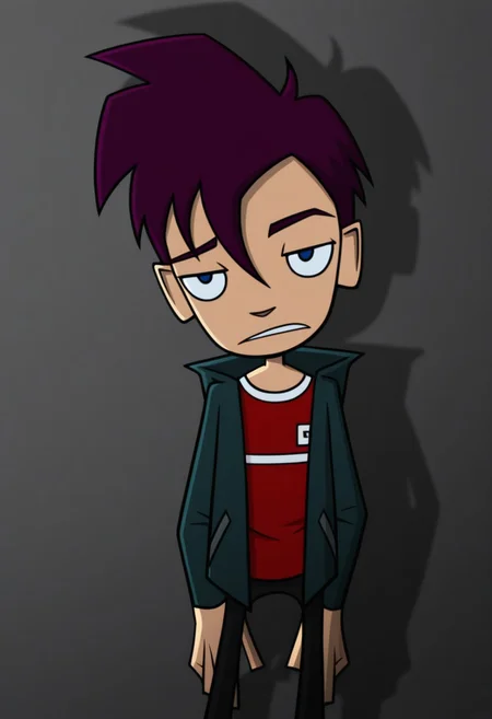 masterpiece,best quality,amazing quality,
RandyCunningham, 1boy, male focus, solo, blue eyes, purple hair, shirt, red shirt, jacket, green jacket, open jacket,