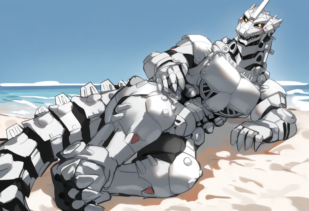 solo, dragon, robot, kiryu, male, lying, on side, 5 fingers, 4 toes, yellow eyes, black sclera, looking at viewer, open smile, tail, beach, outside, [[nekowuwu]], year 2023, year 2024, detailed face, (masterpiece, best quality, very aesthetic, amazing quality), absurdres, highres