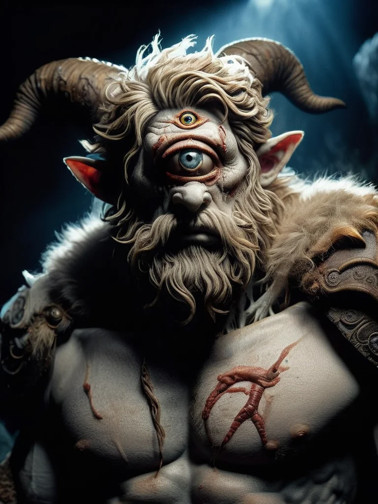 An amazing photo of Roman monster. Photorealistic Britannia. Use Roman mythology to create terrifying monster., high quality very detailed, high resolution, sharp, Sigma fp with Sigma 45mm f-2.8 DG DN. Photography by Martin Schoeller and Jeremy Geddes and Sally Mann, cyclops <lora:cyclops:1>
