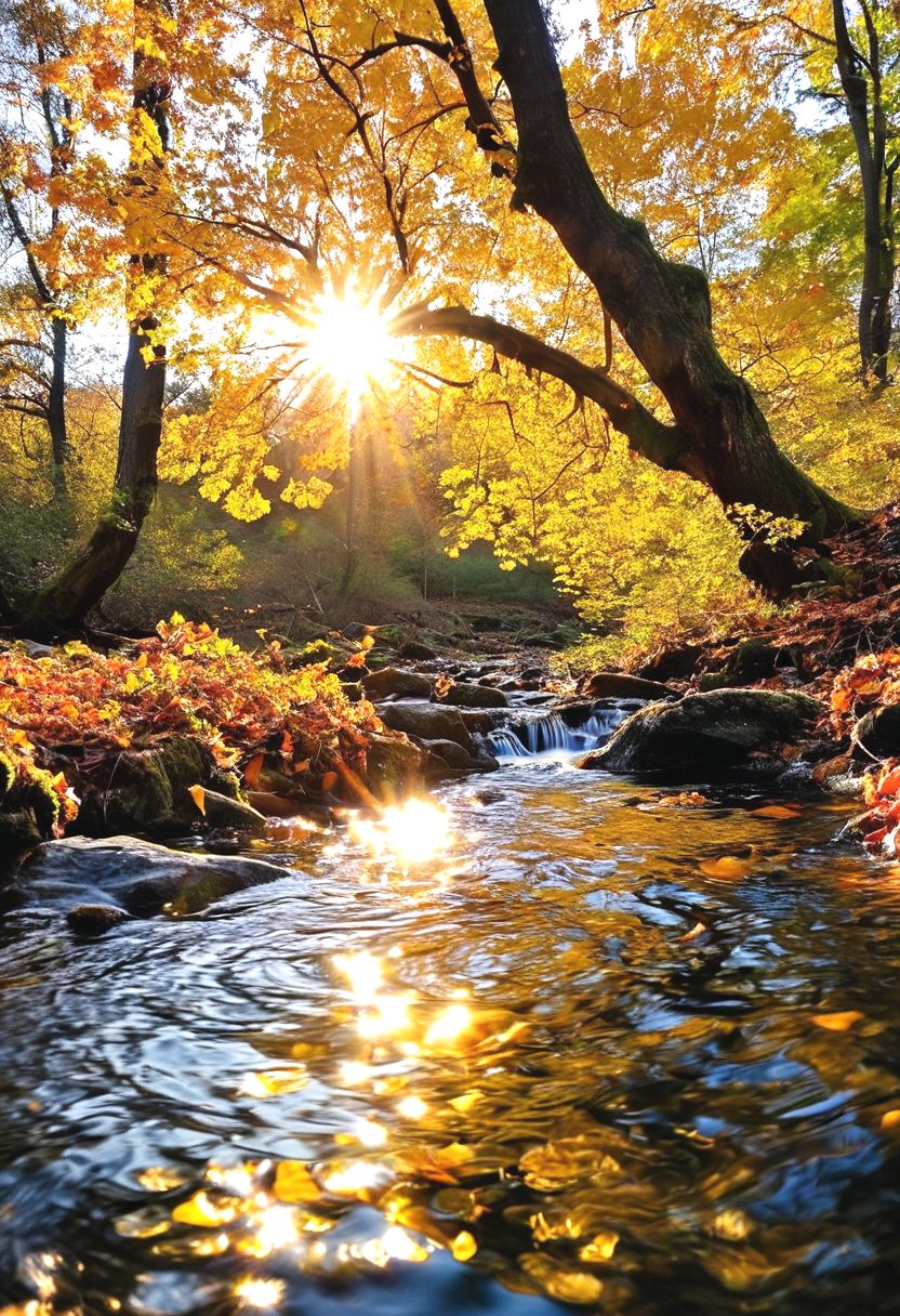 A gentle ️air current rustles through the canopy of a towering earth elm, dislodging a cascade of golden leaves. They pirouette and twirl in the air, their descent slowed by the resistance. As they touch the surface of a crystal-clear water stream, the water ripples outwards in concentric circles, momentarily breaking the perfect reflection of the fiery ☀️sun setting on the horizon.