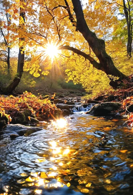 A gentle ️air current rustles through the canopy of a towering earth elm, dislodging a cascade of golden leaves. They pirouette and twirl in the air, their descent slowed by the resistance. As they touch the surface of a crystal-clear water stream, the water ripples outwards in concentric circles, momentarily breaking the perfect reflection of the fiery ☀️sun setting on the horizon.