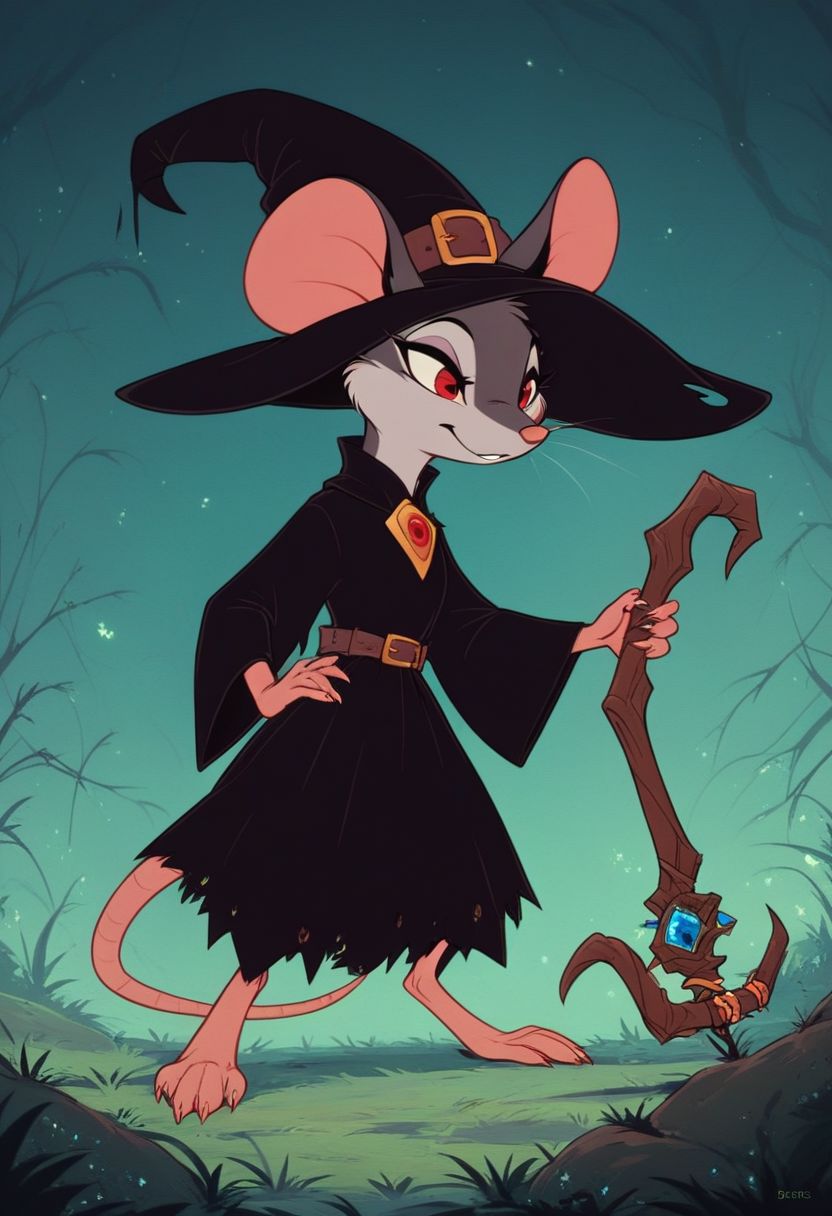 score_9, score_8_up, score_8, solo, (fluffy:0.8), (feral), furry, (((mouse))), female, claws, (fluffy cheeks:0.7), (black dress, quarterstaff), (solo:2), j_cartoon, dark grey fur, red eyes, (black ears), (witch hat:1.2), magic