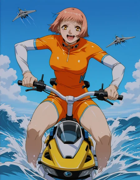 <lora:mikura-noupscale-illustrious-000020:1> mikuraova
bodysuit,
1girl, ocean, clouds, blue sky, jet ski, riding jetski, waves, splashing, holding handlebars, open mouth, excited, masterpiece, best quality