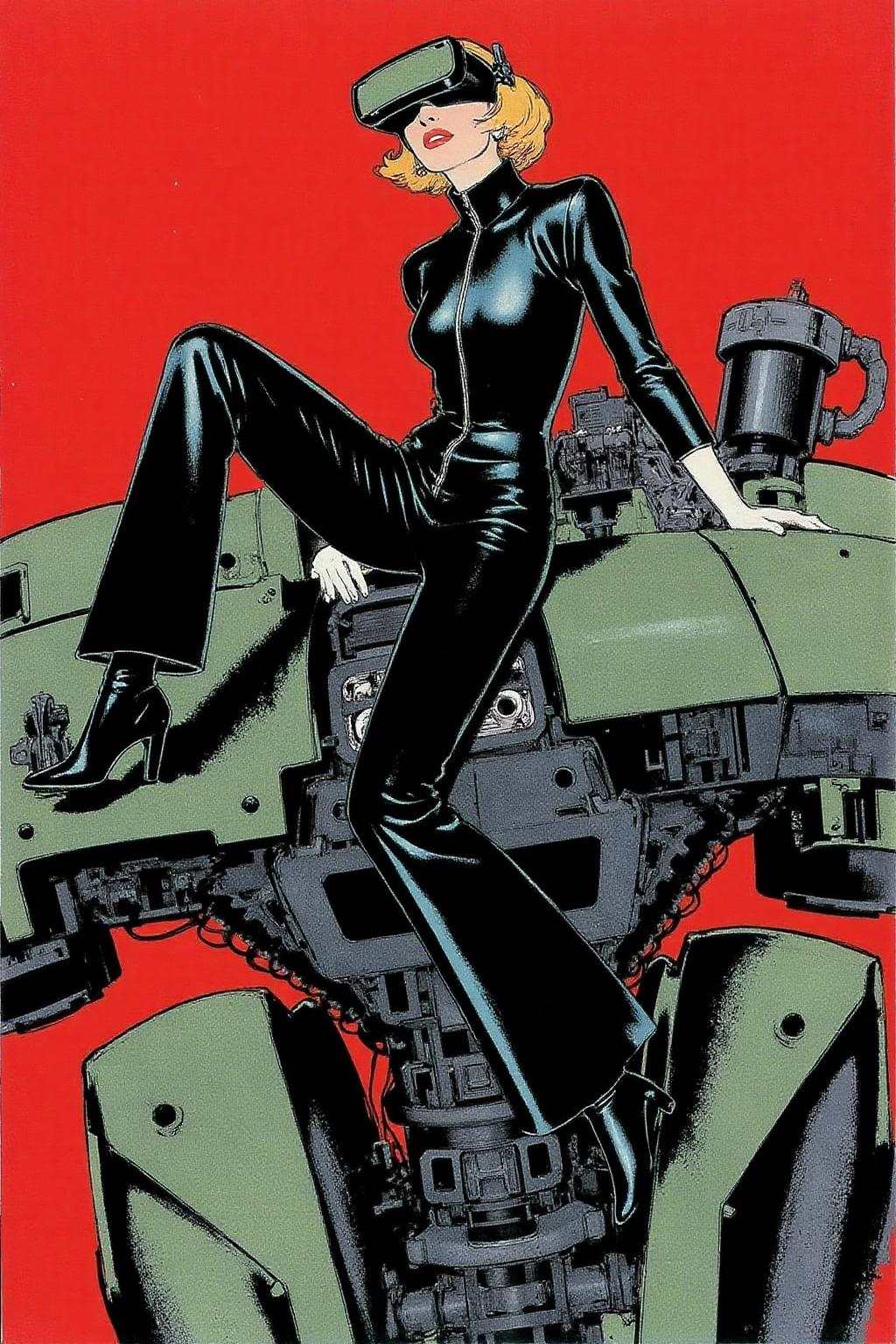 regr1 illustration.   
A striking, futuristic scene depicts a woman dressed in sleek, form-fitting leather attire, sitting confidently atop an open power suit, inspired by the cyberpunk aesthetics of Masamune Shirow. The power suit, a blend of advanced technology and military-grade armor, features intricate mechanical details, exposed wiring, and a robust, yet streamlined design. The woman, wearing a cutting-edge VR headset, exudes a sense of control and mastery over the machine beneath her. Her posture is relaxed yet commanding, with one hand resting on the suit's metallic surface and the other casually holding a piece of advanced tech. <lora:regr3_shoujo_nocap_d6a3:0.9><lora:808056092245446348:0>