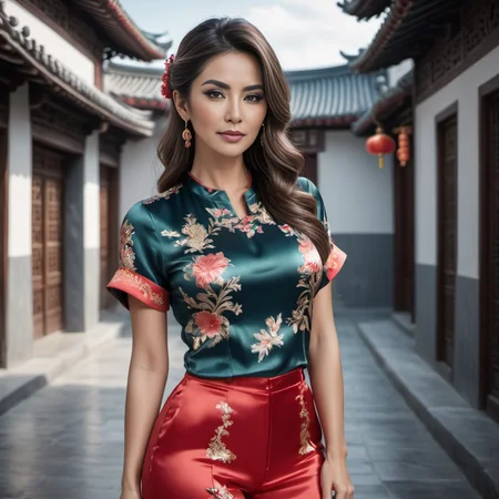 (full body shot) cute one spanish 40 year old women wearing a Chinese-inspired designs satin_teeshirt, Half-up half-down hair style, hyperdetailed photography,4k textures,intricate details,4k resolution ship scene, ((dark cinematic still)) <lora:satin_teeshirt_v1:0.7>