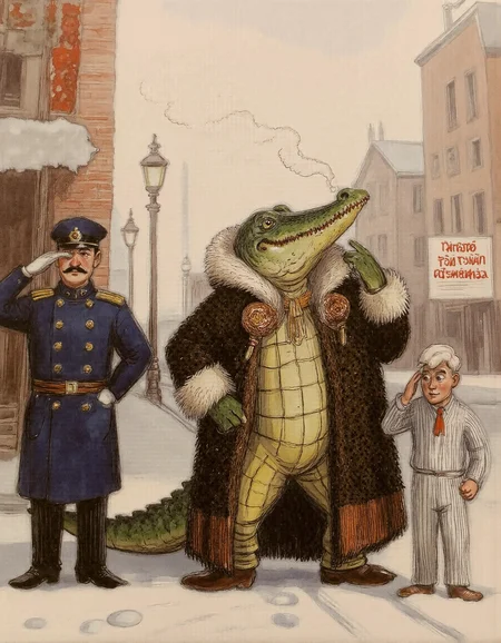 <lora:suteev:1>, Digital painting of a smug, anthropomorphic crocodile dressed in an opulent fur coat with intricate embroidery and golden trim, strutting confidently down a snow-covered street in revolutionary Petrograd. His scales gleam under the pale winter light as he puffs on a thick cigar, a thin spiral of smoke curling upward. A tsarist policeman (gorodovoy) in a dark blue uniform with shiny buttons and a bushy mustache stands stiffly at attention, saluting with nervous deference. Beside him, a rough revolutionary sailor in a striped shirt and tattered cap snaps a half-mocking, half-impressed salute, his eyes wide with amusement., The scene is richly detailed yet cleanly stylizedâno shadows, no extra limbs, and crisp, vibrant colors. The cobblestone street is dusted with snow, faint tram tracks visible beneath, while vintage lampposts cast a soft glow. In the background, faded propaganda posters (e.g., 'Ðолой ÑаÑÑ!') peel off brick walls, and distant silhouettes of 1917 Petrograd buildings complete the setting. The atmosphere is playful and slightly absurd, blending historical satire with classic childrenâs book charm. The crocodileâs smug grin, the policemanâs uneasy posture, and the sailorâs rebellious smirk are all exaggerated for comedic effect, keeping the composition lively and engaging
