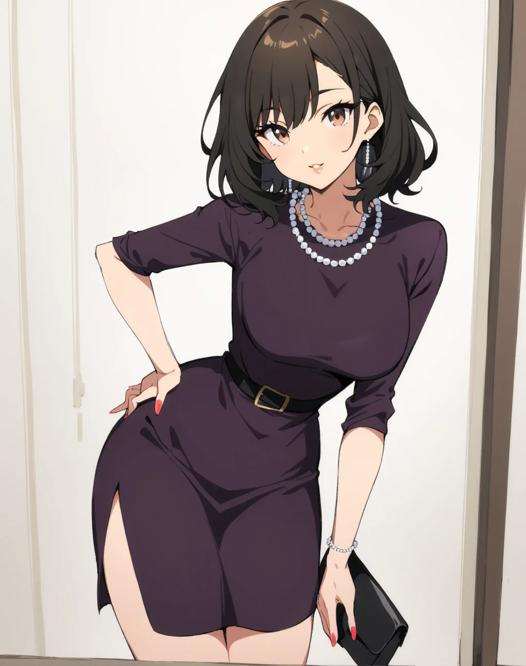 1girl,solo,smile,
parted lips,posing for a picture,standing, puffy lips,lipstick,source_anime,sexy pose,digital painting,looking at viewer,paintel nails, edgpdress, looking at viewer, brown hair, black hair, holding, brown eyes, jewelry, standing, parted lips, medium hair, necklace, bag, lips, hand on hip, purple dress, handbag, pearl necklace ,wearing edgpdress <lora:edgOfficeLadySDXL:0.9>
masterpiece,best quality,absurdres