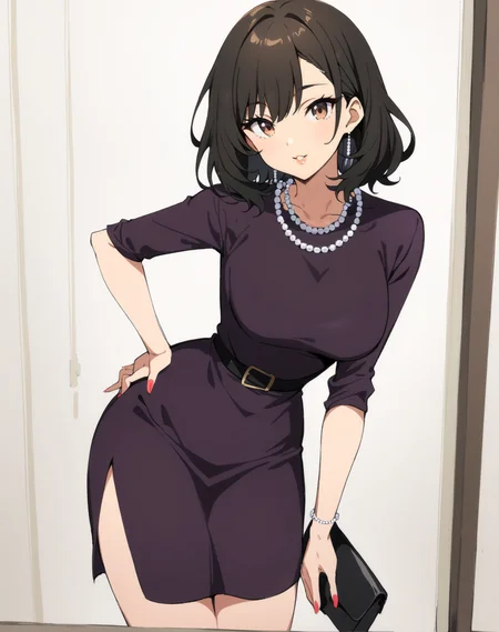 1girl,solo,smile,
parted lips,posing for a picture,standing, puffy lips,lipstick,source_anime,sexy pose,digital painting,looking at viewer,paintel nails, edgpdress, looking at viewer, brown hair, black hair, holding, brown eyes, jewelry, standing, parted lips, medium hair, necklace, bag, lips, hand on hip, purple dress, handbag, pearl necklace ,wearing edgpdress <lora:edgOfficeLadySDXL:0.9>
masterpiece,best quality,absurdres