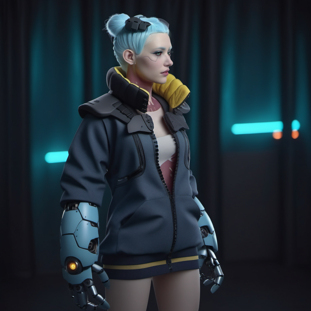 a woman with light blue skin, ligh blue hair, wear a jacket, robotic big hands, cyberpunk background, highly detailed, photography, ultra sharp, film, bokeh, professional, 64k <lora:Rebecca1024:0.8>