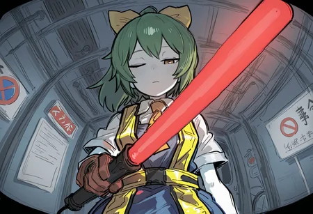 best quality, hires, thick outlines, sketch, thick outlines,
from below, looking at viewer, fisheye,
1girl, solo,
one eye closed, half closed eye,
white skin,
medium hair, green hair, high ponytail,
gloves,
holding, traffic baton,
high-visibility vest, high-visibility clothing,
blue dress, pinafore dress,
white shirt,
yellow necktie, yellow hair bow,
pedestrians only sign, bicycles only sign, no entry sign,