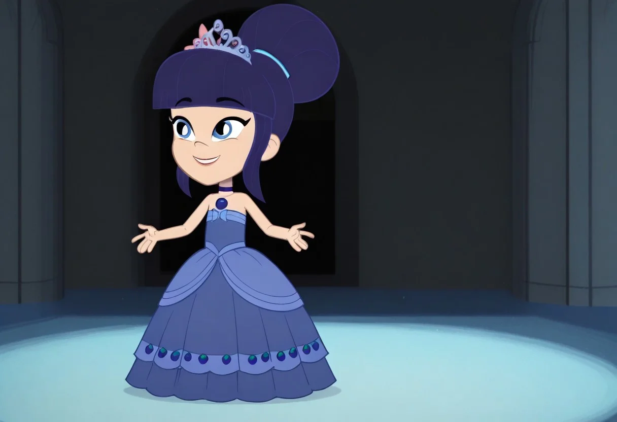 Blueberry_Muffin, 1girl, solo, dark blue hair, very big bun, flat bangs, light skin, blue-grey eyes, light blue hair tie, light pink flower, dark blue choker, long large dark blue floor length gown, ball gown, rhimestones. She is also wearing a tiara, hoop skirt, dome shape skirt, quinceanera, prom, pageant, full body, smile