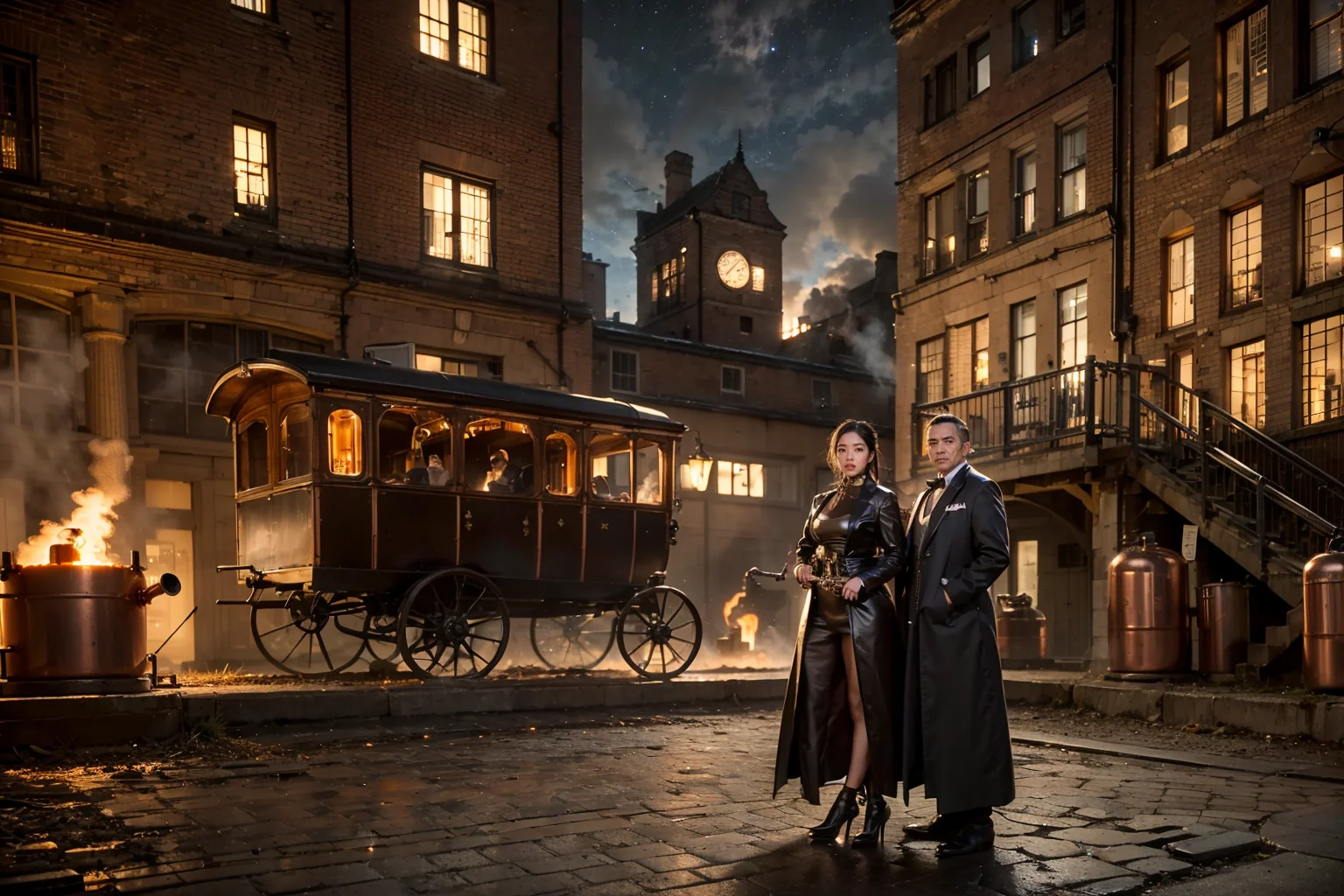 Ray Tracing, realistic, detailed, realistic details, (1 girl:1.3), 21 years old korean cute girl, (large breasts), (A nighttime scene with gaslit streets and clockwork towers illuminated against the dark sky, Steam-powered carriages and airships can be seen traveling through the scene, while factories with chimneys emit steam in the background, Brass pipes and cogs and gears are visible in the foreground, along with copper boilers and brass and leather machinery)