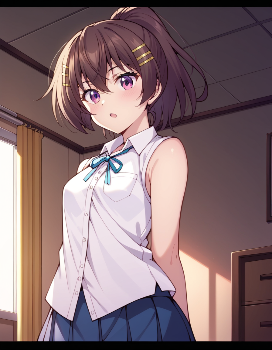 score_9, score_8_up, score_7_up, source_anime, uncensored, <lora:StS_detail_slider_v1:3>, zPDXLxxx, <lora:Momoka_Momozono_PONYXL_VexVexX:1>, MomokaMomozono, 1girl, purple eyes, brown hair, hair between eyes, ponytail, hairclip, small breasts, school uniform, skirt, pleated skirt, blue skirt, shirt, untucked shirt, sleeveless, neck ribbon, blue neck ribbon, cowboy shot, bedroom, __PERSPECTIVE__, __POSES_CLOTHES_2__