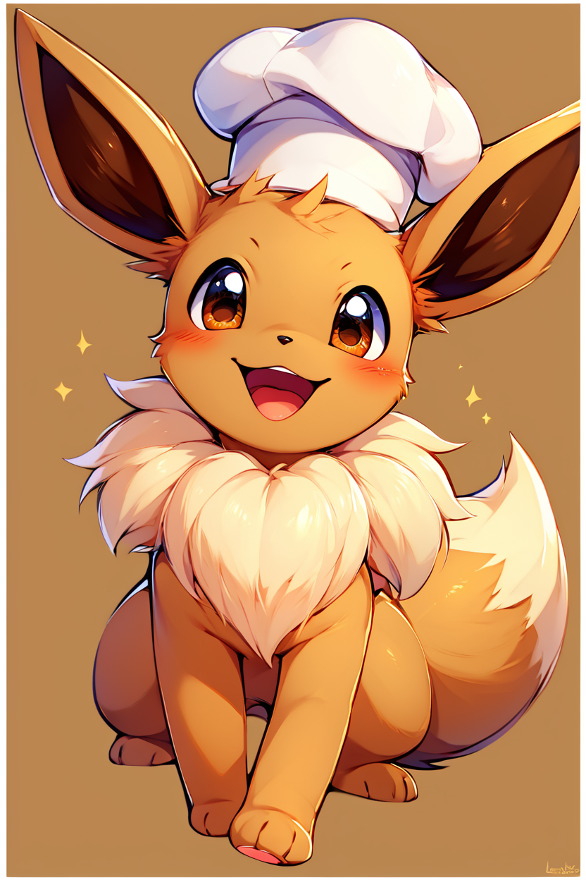 score_9, score_8_up, score_8,  ,,,  zzEV, looking at viewer, blush, smile, open mouth, simple background, hat, brown eyes, full body, :3, border, happy, white border, brown background, outside border, chef hat, brown theme,  <lora:EeveePokedexPDXL:1.0>,   ,,, embedding:zPDXL, Expressiveh, <lora:CatalystStylePDXL:0.6>,  <lora:SDXLFaeTastic2400:0.5>,  <lora:Expressive_H-000001:0.4>,
