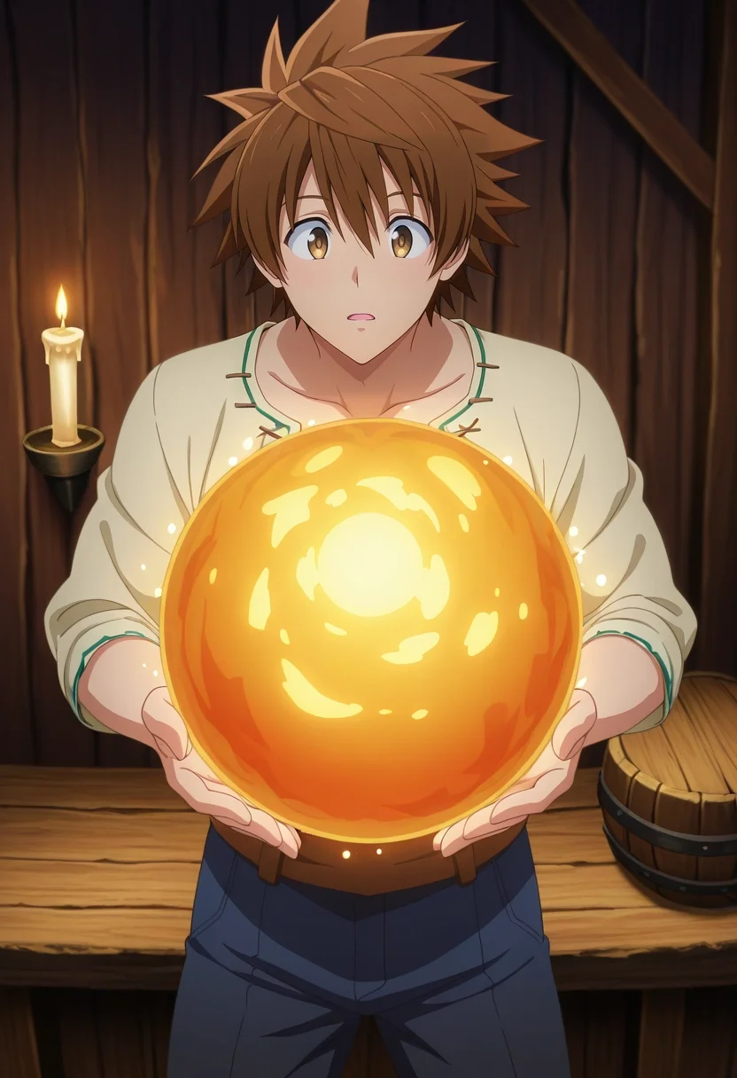 masterpiece, best quality, intricate details, anime screencap, , , , 1boy, solo, male focus, <lora:rito_yuuki_ilxl:0.96>, rito_yuuki, brown hair, brown eyes, spiked hair, enchanted tavern, wooden stools, glowing drinks, magic orbs, storytelling pose, animated expression, candlelight, pants,
