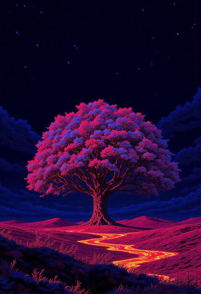8-bit illustration, extremely detailed, high quality, high contrast colors, ne0nfant4sy style. A mesmerizing pixel-art scene featuring a solitary tree at the center of a vast, open field, crafted entirely in glowing dots and fine linear segments. The trunk and branches pulse with vivid magenta and electric cyan lines, giving a digital-electric feel. The foliage bursts with high-contrast neon colors—hot pink, laser yellow, and bright teal dots—clustered tightly to form a radiant canopy. The field below ripples with intense violet and burnt orange pixel strokes, arranged in swirling dot patterns that mimic wind-blown grass. The background sky fades from saturated crimson at the horizon to deep indigo above, dotted with scattered electric lime stars. The sunset glows in streaks of tangerine and cobalt blue, highlighting the pixel shimmer on the tree. Every detail is refined in retro pixel precision, blending nostalgic charm with synthetic brilliance. The mood is luminous, surreal, and dreamlike.