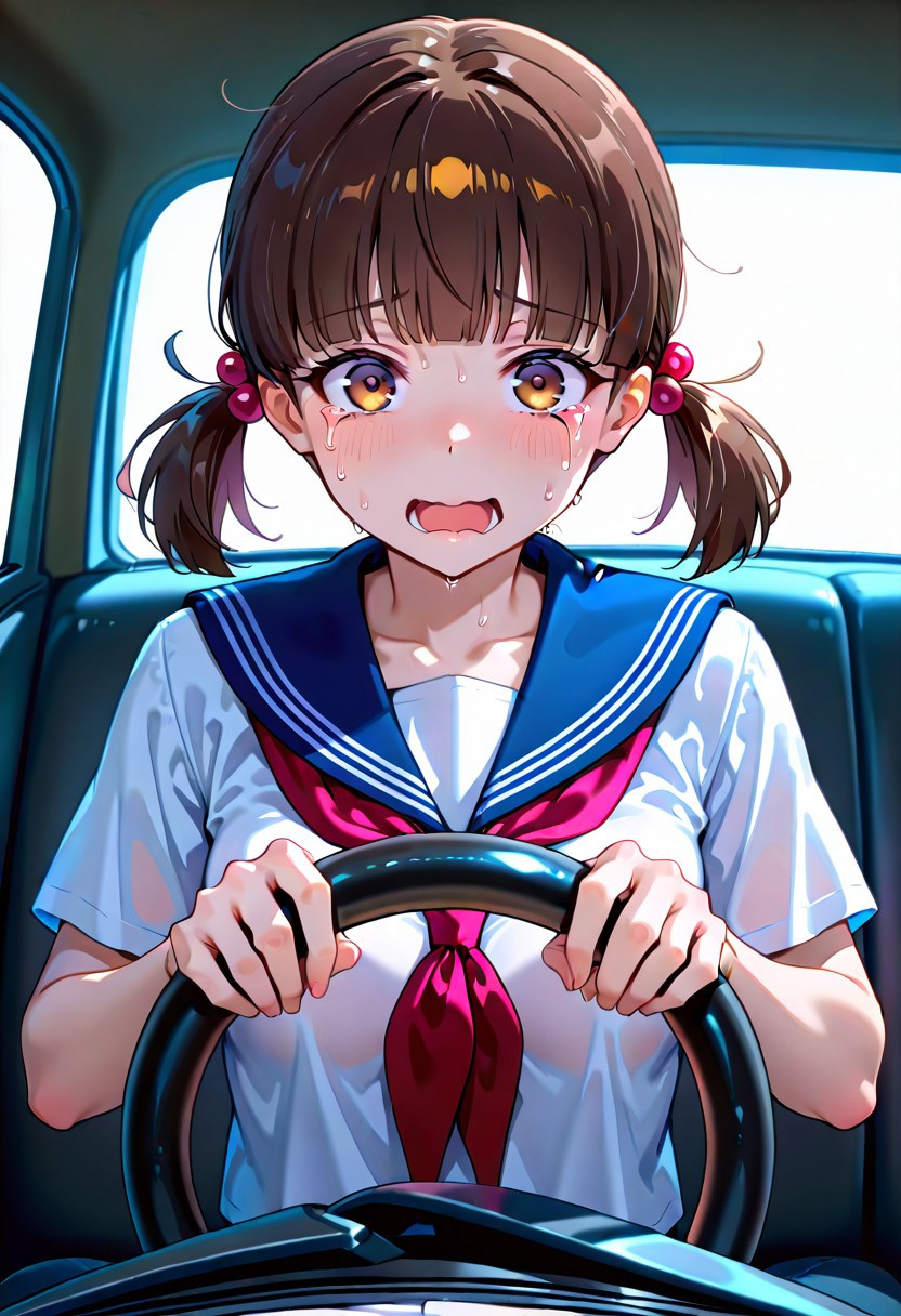 masterpiece, best quality, absurdres, 1girl, solo, female focus, rinko_inh, brown eyes, brown hair, short twintails, low twintails, hair bobbles, blunt bangs, small breasts, serafuku, sailor collar, blue sailor collar, neckerchief, red neckerchief, white shirt, short sleeves, power crashes kobeni's car (meme), car interior, holding, steering wheel, look at viewer, crying with wide eyes open, nervous sweating, from front