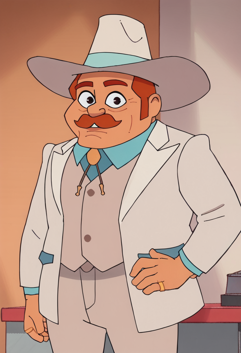 <lora:BillBoardPony1.0:1> billb, 1boy, facial hair, male focus, mustache, white headwear, solo, blue shirt, orange hair, short hair, ring, black eyes, vest, white suit, white pants, score_9, score_8_up, score_7_up, score_6_up, score_5_up, score_4_up, looking at viewer, hand on own hip, cowboy shot,het removed,simple background,