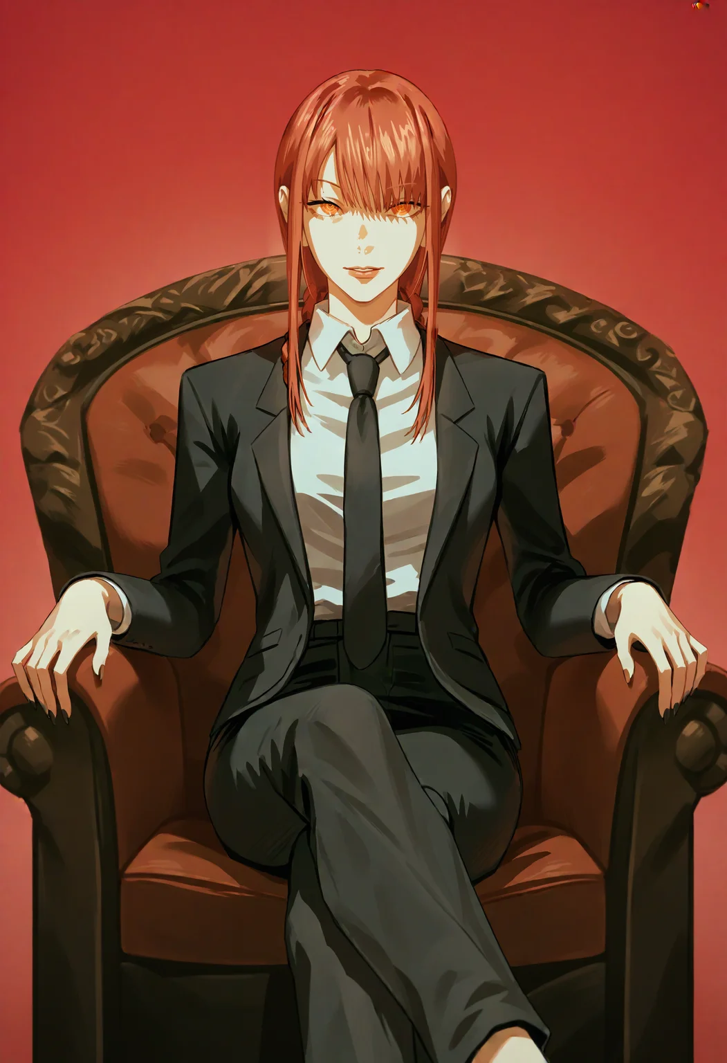 score_9, score_8_up, score_7_up, score_6_up, score_5_up, score_4_up,
BREAK
1girl, makima \(chainsaw man\),
BREAK
solo, black suit, black necktie, (black pants:1.2), sitting, crossed legs,
BREAK
red background, dark, simple background, <lora:Lunas-Uqi32-SDXL-A1:1>