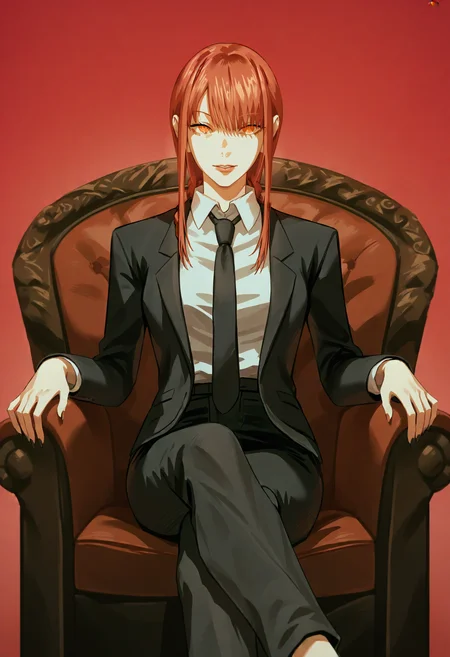 score_9, score_8_up, score_7_up, score_6_up, score_5_up, score_4_up,
BREAK
1girl, makima \(chainsaw man\),
BREAK
solo, black suit, black necktie, (black pants:1.2), sitting, crossed legs,
BREAK
red background, dark, simple background, <lora:Lunas-Uqi32-SDXL-A1:1>