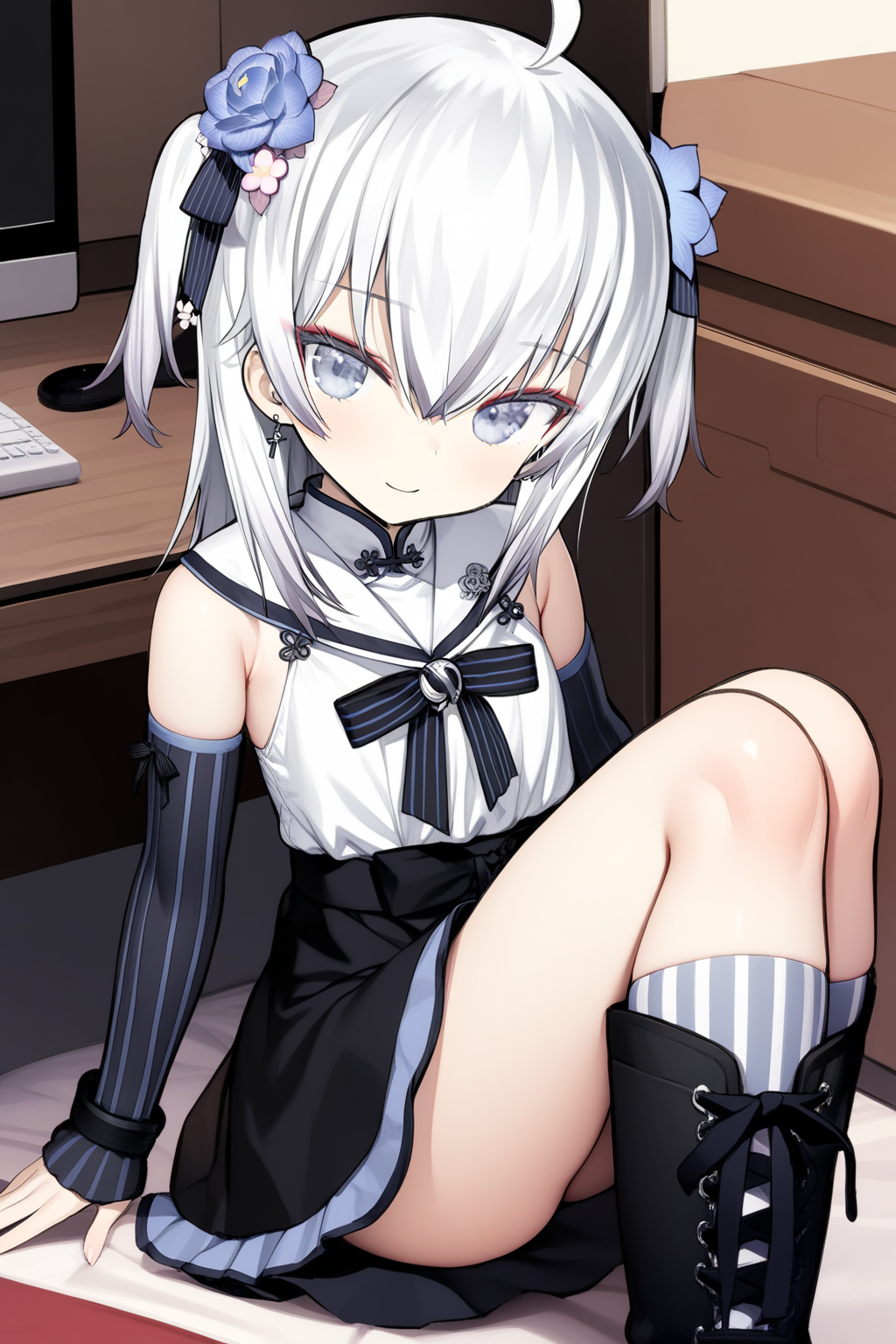 (masterpiece, best quality, very aesthetic, ultra detailed),<lora:AzumaSeren-000014:0.9>,azumaseren,ahoge,white hair,hair flower,dress,two side up,grey eyes,detached sleeves,skirt,(black thighhighs:0.7),vertical-striped thighhighs,sitting,boots,v,legs up,otaku room,