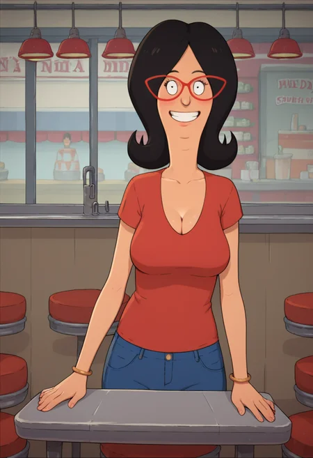 score_9, score_8_up, score_7_up, score_6_up, score_5_up, score_4_up, extremely detailed, <lora:LindaPony1.0:0.95> linda,upper body, 1girl, black hair, solo, glasses, red-framed eyewear, smile, full body, looking at viewer, red shirt, jeans, cleavage, sexy poses, blushing, on a diner stool