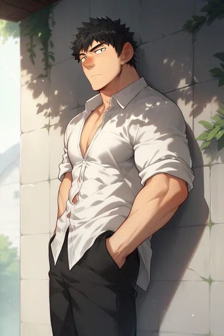 score_9, score_8_up,score_7_up, 1boy, solo, male focus, muscular, black hair, black eyes, white shirt, black pants, leaning against wall casually, outside, hands inside pockets, looking at viewer, slightly tilted up head, untucked shirt <lora:HanDaewi:1> blushed nose
