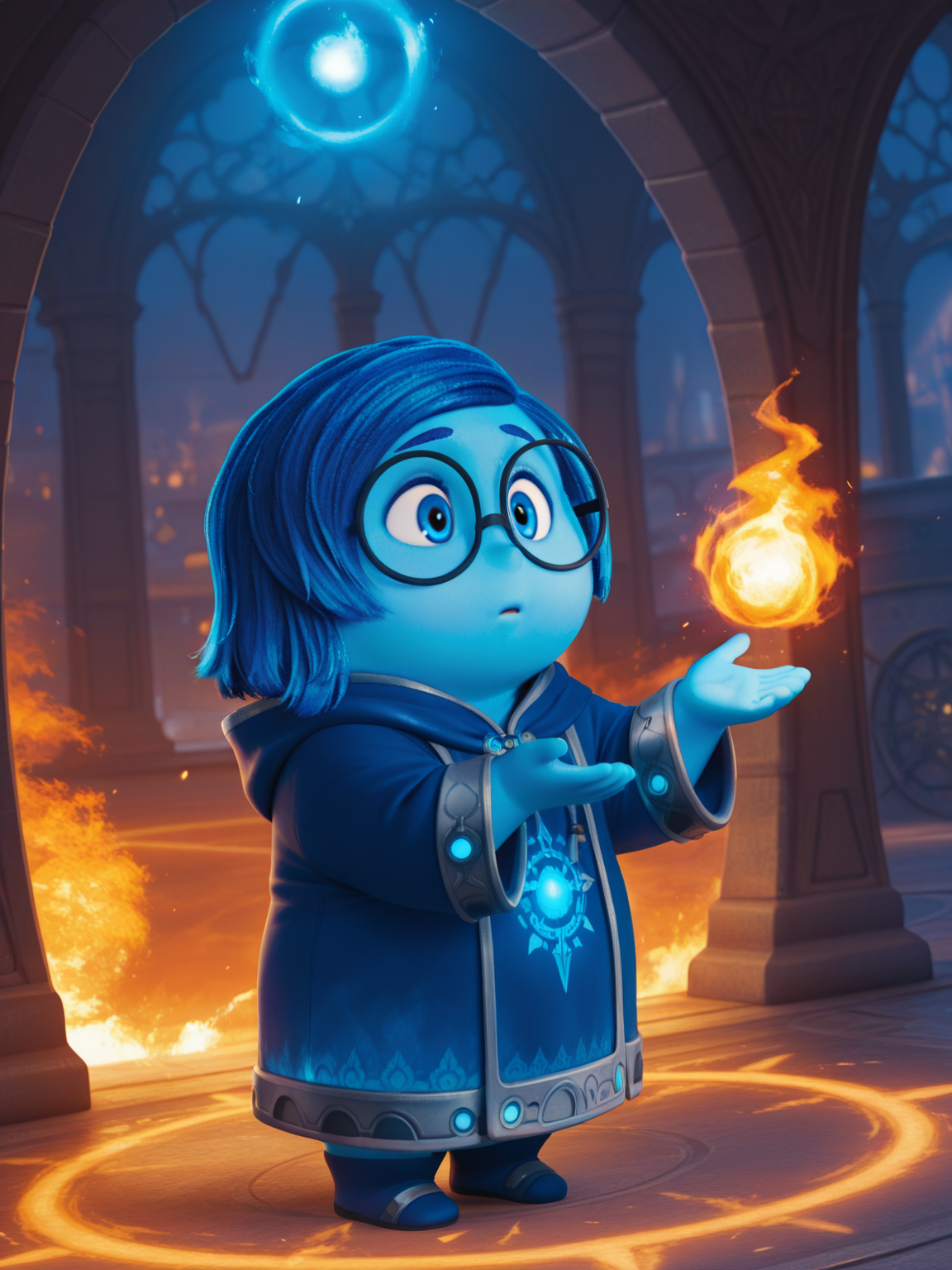 <lora:SadnessIL:0.8> s_ee, 1girl, chubby, blue skin, blue eyes, blue hair, glasses,
magic, magic robe, steel armor,glowing liens, fireball, action, full body, glowing background, magic background