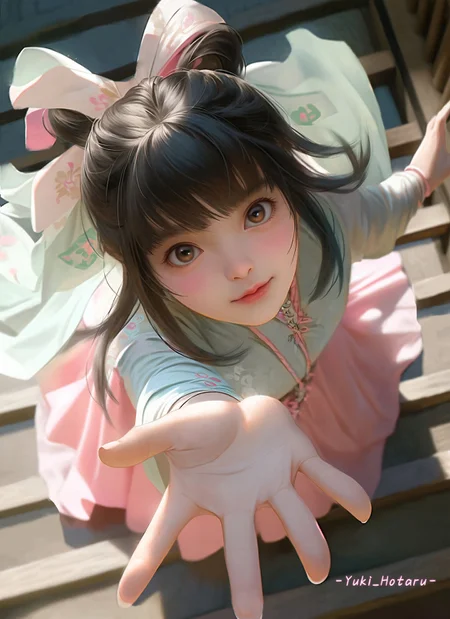 masterpiece, best quality, absurdres, illustration,
1girl, solo, smile, blush, looking at viewer, looking up, from above, chinese clothes, pink dress, long sleeves, brown eyes, black hair, bangs, hair bun, outstretched hand, reaching towards viewer, lips, foreshortening, ribbon, stairs,