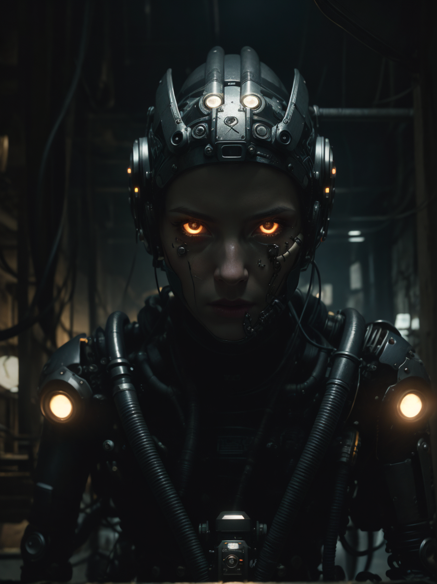 Half-body portrait of a cyborg woman，mechanical face：1.7，close-up of face: 1.9, Edge Light, Contour Light，covered with very many pipes and cables, dimly lit, dark, gritty, organic, monster-creature, cinematic shot + dynamic composition, incredibly detailed, sharpen, details + intricate detail + professional lighting, film lighting + 35mm + anamorphic + lightroom + cinematography + bokeh + lens flare + film grain + HDR10 + 8K + Roger Deakins:1.7, ((cinematic))