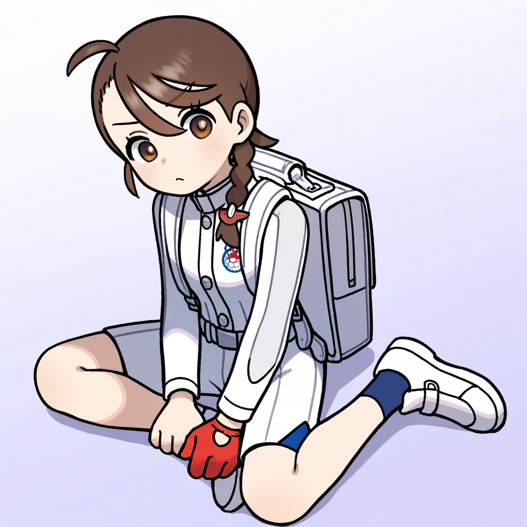 2d, masterpiece, best quality, amazing quality, highres, absurdres, newest, 1girl, solo, sitting, yokozuwari, from above, dutch angle, looking at viewer,gradient background, blue background, purple background, bbjuliana, brown eyes, brown hair, braid, ahoge, white jacket, long sleeves, single glove, red gloves, white shorts, backpack, dark blue socks, ankle socks, shoes, white footwear