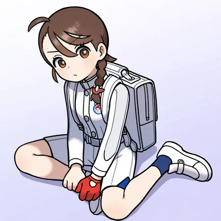 2d, masterpiece, best quality, amazing quality, highres, absurdres, newest, 1girl, solo, sitting, yokozuwari, from above, dutch angle, looking at viewer,gradient background, blue background, purple background, bbjuliana, brown eyes, brown hair, braid, ahoge, white jacket, long sleeves, single glove, red gloves, white shorts, backpack, dark blue socks, ankle socks, shoes, white footwear