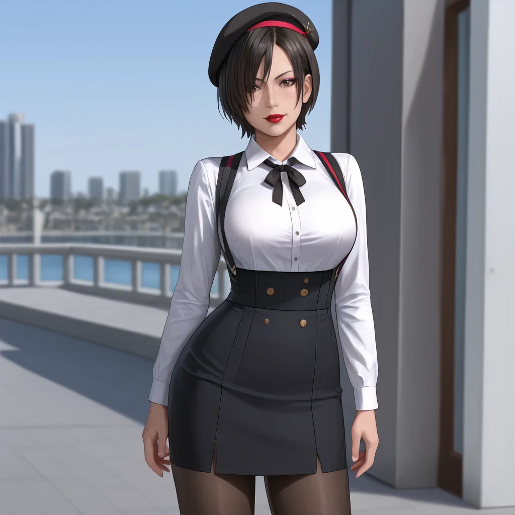 <lora:adawongmovie_pony_v1:.8> AdaResidentEvilMovie, 1girl, short hair, black hair, brown eyes, large breasts, hair over one eye,cowboy shot, lipstick,eyeshadow, cowboy shot,  <lora:0902 Home wear 5_v1_pony:1> ruanyi0902,beret,black ribbon,collared shirt,black pantyhose,high-waist skirt,white shirt,suspenders