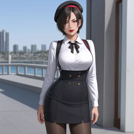 <lora:adawongmovie_pony_v1:.8> AdaResidentEvilMovie, 1girl, short hair, black hair, brown eyes, large breasts, hair over one eye,cowboy shot, lipstick,eyeshadow, cowboy shot,  <lora:0902 Home wear 5_v1_pony:1> ruanyi0902,beret,black ribbon,collared shirt,black pantyhose,high-waist skirt,white shirt,suspenders