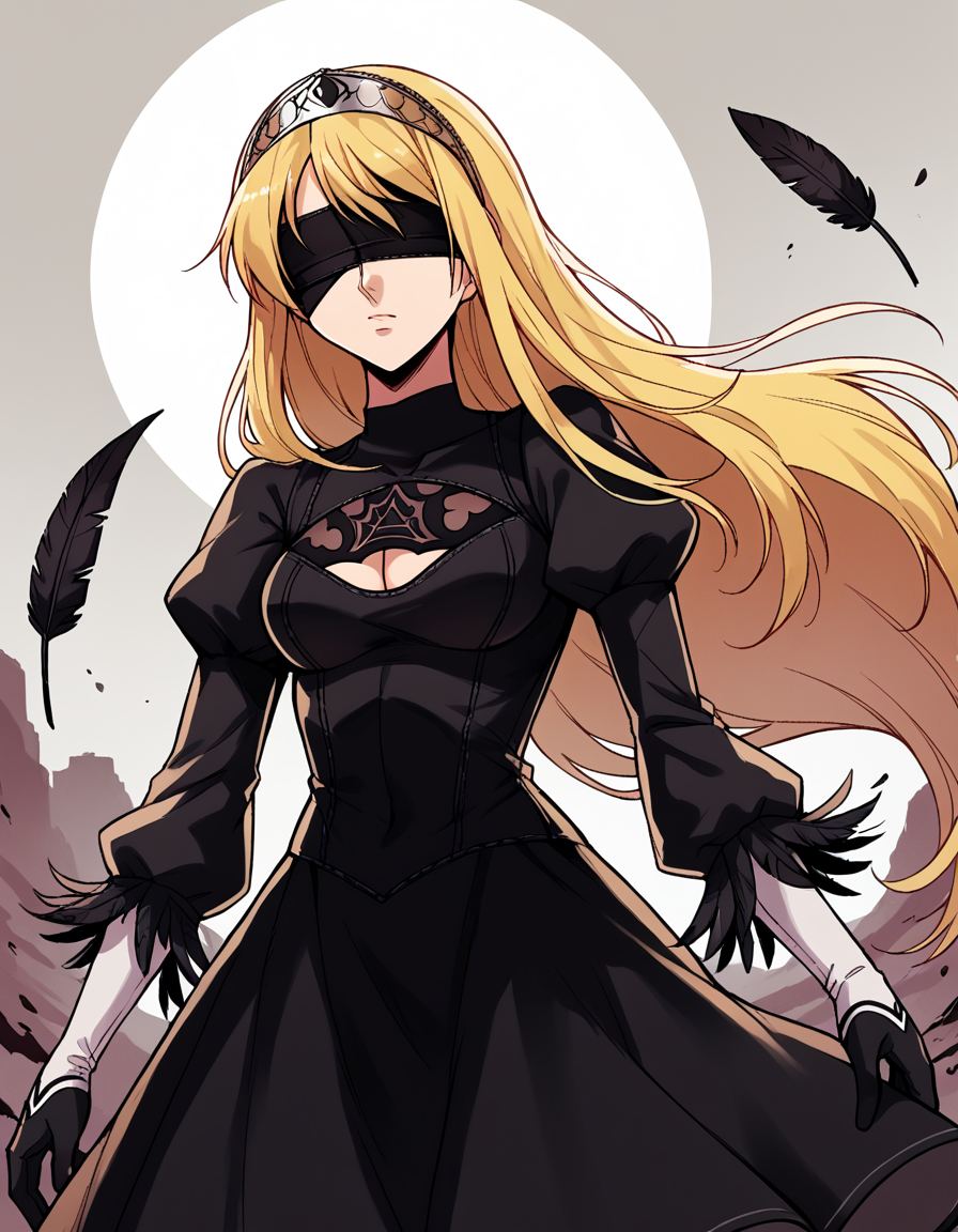 score_9, score_8_up, score_7_up, source_anime, <lora:kaibutsuoujo-liliane-s1-ponyxl-lora-nochekaiser:1>, liliane, long hair, blonde hair, red eyes, very long hair, tiara, medium breasts,, <lora:2b-cosplay-ponyxl-lora-nochekaiser:1>, 2bcosplay, 2b (nier:automata) (cosplay), gloves, long sleeves, dress, puffy sleeves, black dress, clothing cutout, cleavage cutout, juliet sleeves, feather-trimmed sleeves, blindfold, black blindfold, covered eyes,, wasteland, , dutch angle, cowboy shot